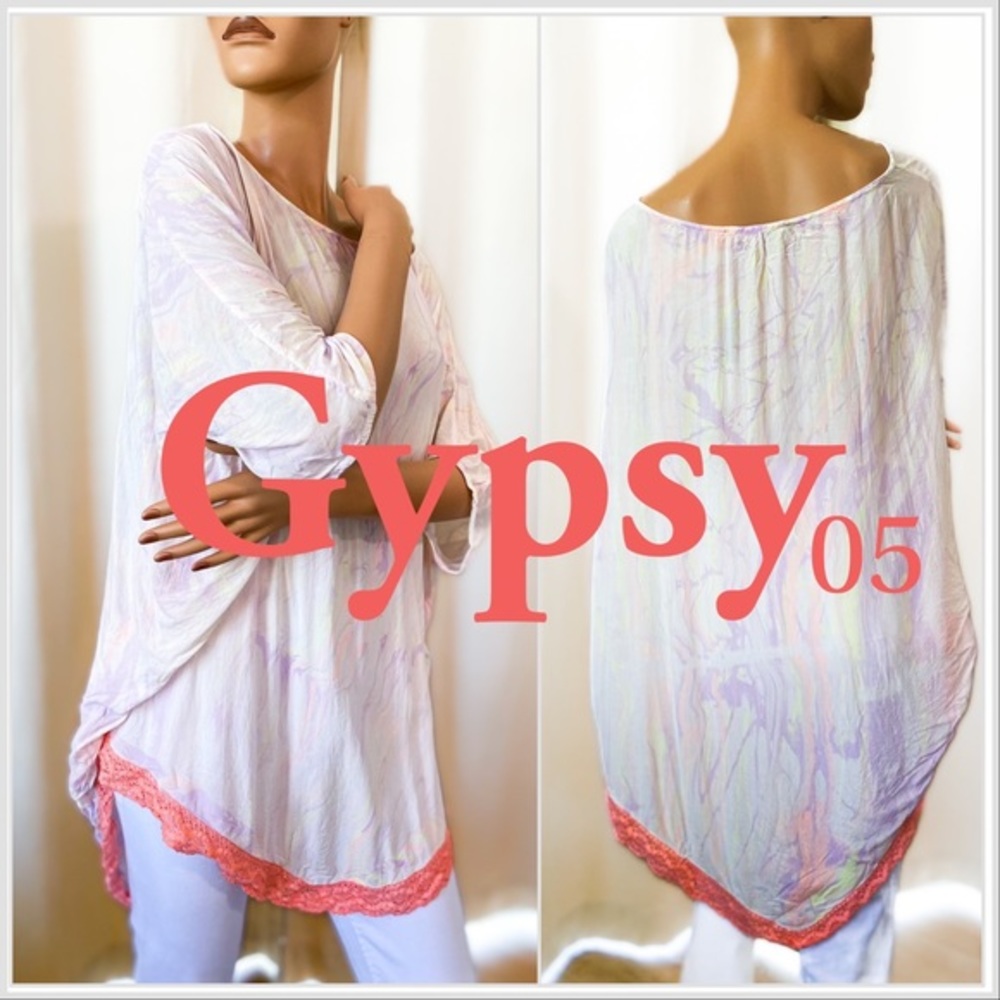 NEW Gypsy 05 Kala Tie dye Poncho w/ Lace Crochet Trim in Marble Coral $195